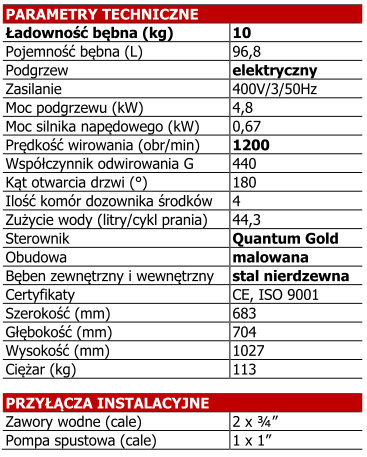 Dane techniczne pralnico-wirówki UniMac SF3JG: